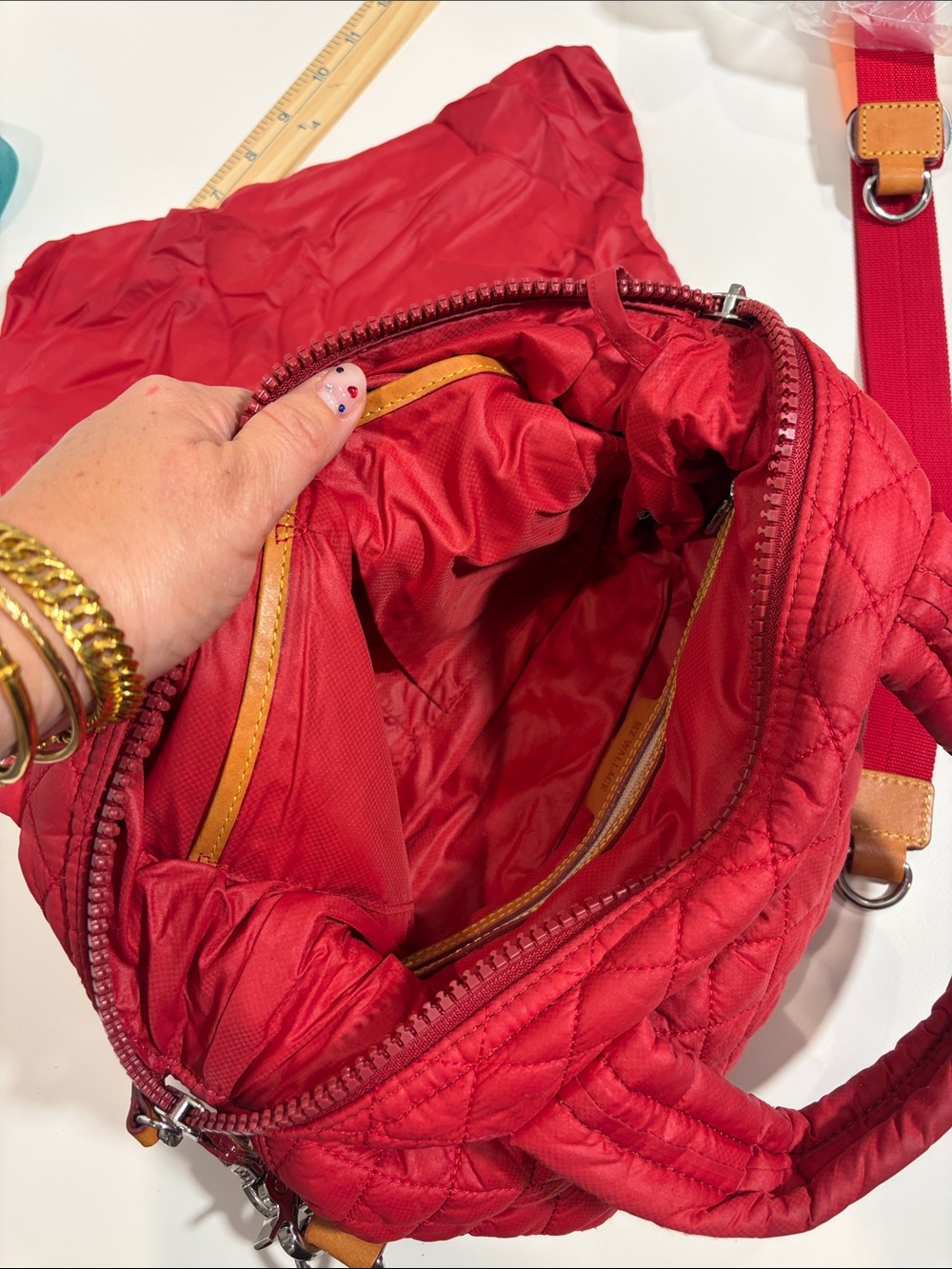 MZ Wallace Classic Sutton Crossbody Bag | Red Quilted Nylon | Good Condition - Picture 8 of 8